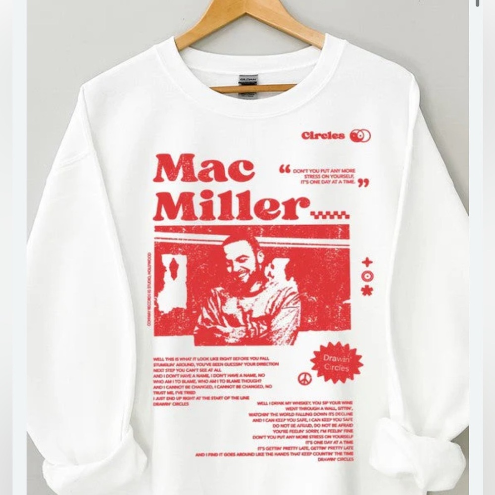 Mac Miller Circles crewneck sweatshirt red graphics and lyrics from size small